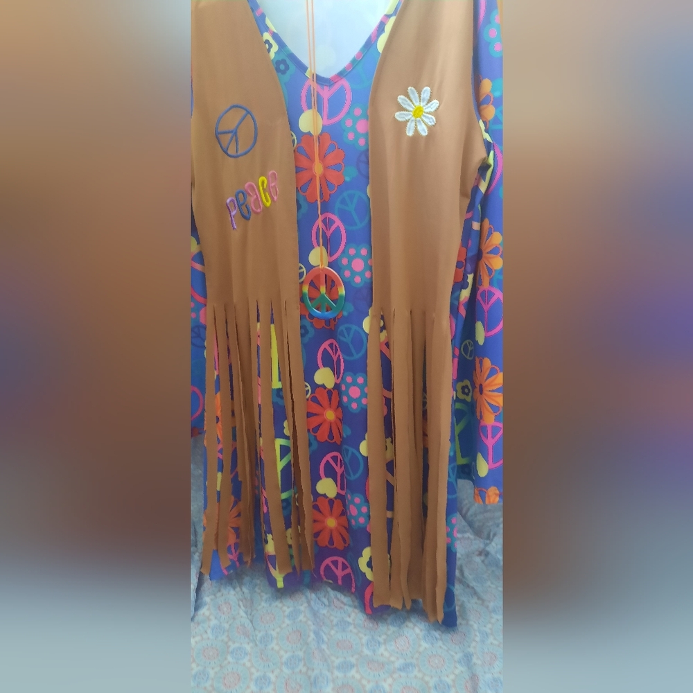 Hippie Dress Rainbow Peace With Pendant Necklace and Round Sunglasses